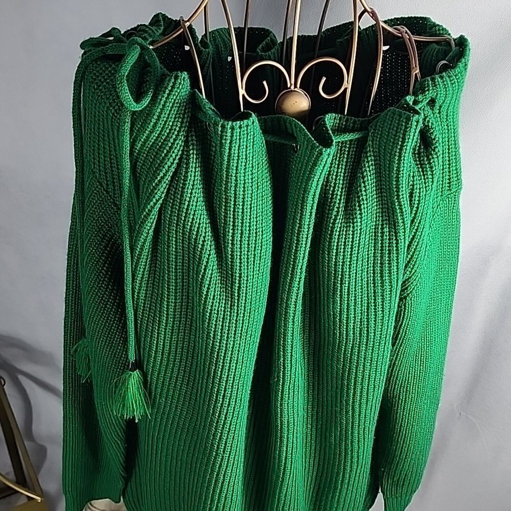 Green Chunky Knit Off or On Shoulder Drawstring Sweater